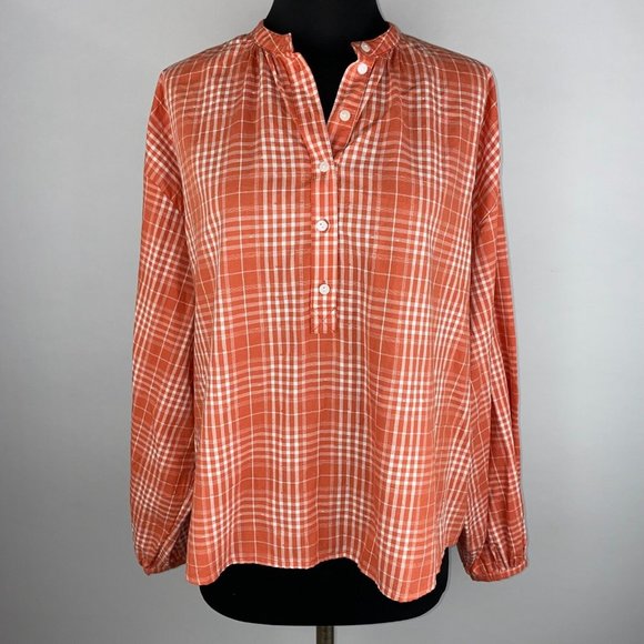 Universal Thread S Orange White Plaid Oversize Button Popover Balloon Sleeve Top - Picture 3 of 12